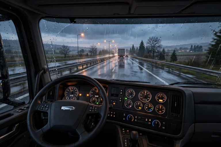 Truckers of Europe 3 oynanış görüntüsü: yağmurlu havada kamyon kabininden sürüş
