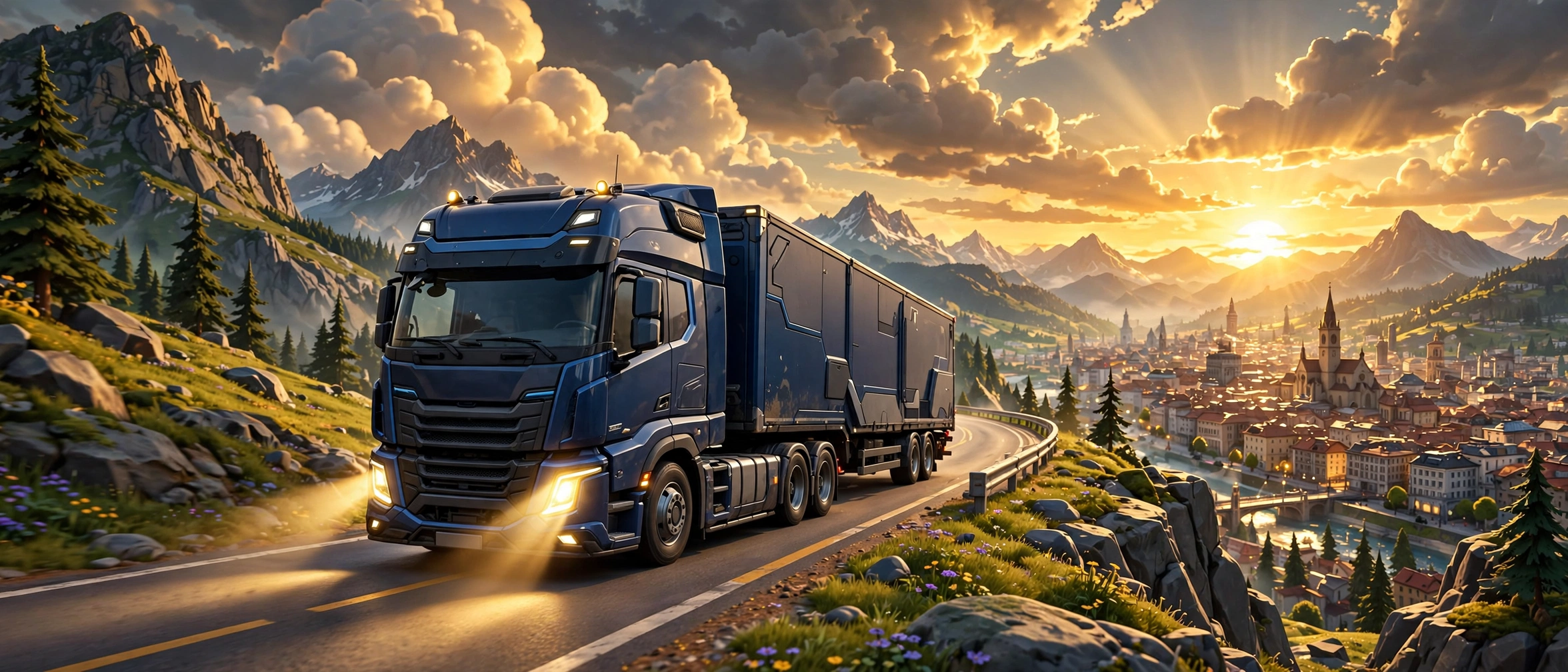 Truckers of Europe 3 APK ana görseli: gün batımında Avrupa otoyolunda ilerleyen kamyon